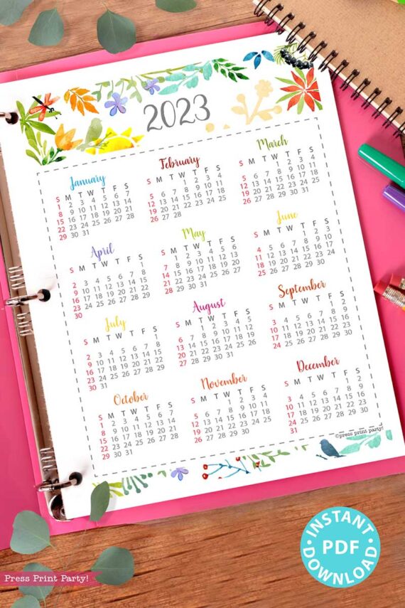 press print party 2023 Calendar Printable Bundle, Watercolor design, Bullet Journal Inserts, Monthly Calendar, Daily Routine Tracker, INSTANT DOWNLOAD