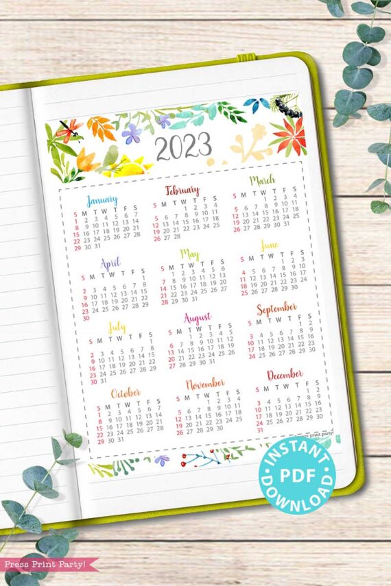 press print party 2023 Calendar Printable Bundle, Watercolor design, Bullet Journal Inserts, Monthly Calendar, Daily Routine Tracker, INSTANT DOWNLOAD