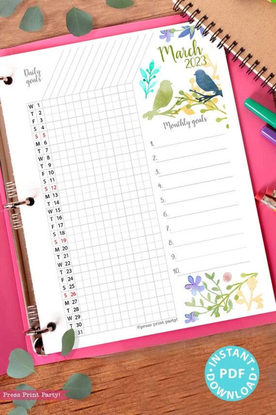 press print party 2023 Calendar Printable Bundle, Watercolor design, Bullet Journal Inserts, Monthly Calendar, Daily Routine Tracker, INSTANT DOWNLOAD