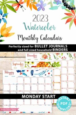 press print party 2023 Calendar Printable Bundle, Watercolor design, Bullet Journal Inserts, Monthly Calendar, Daily Routine Tracker, INSTANT DOWNLOAD monday start