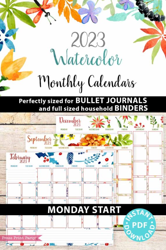 press print party 2023 Calendar Printable Bundle, Watercolor design, Bullet Journal Inserts, Monthly Calendar, Daily Routine Tracker, INSTANT DOWNLOAD monday start