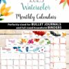 press print party 2023 Monthly Calendars Printable, Monthly Planner Template, Colorful Watercolor Designs, Bullet Journal, Sunday, INSTANT DOWNLOAD