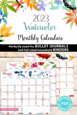 press print party 2023 Monthly Calendars Printable, Monthly Planner Template, Colorful Watercolor Designs, Bullet Journal, Sunday, INSTANT DOWNLOAD