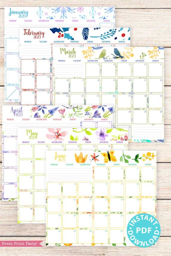 press print party 2023 Calendar Printable Bundle, Watercolor design, Bullet Journal Inserts, Monthly Calendar, Daily Routine Tracker, INSTANT DOWNLOAD monday start