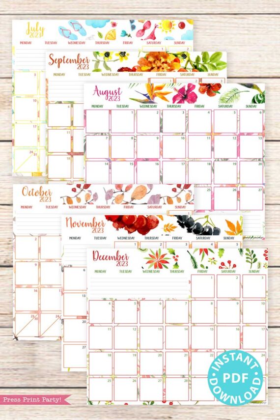press print party 2023 Calendar Printable Bundle, Watercolor design, Bullet Journal Inserts, Monthly Calendar, Daily Routine Tracker, INSTANT DOWNLOAD monday start