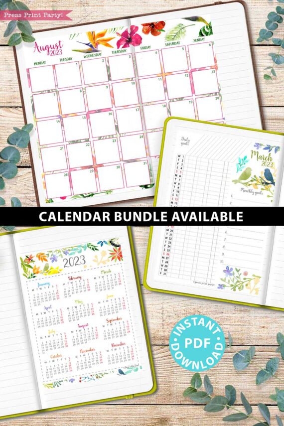 press print party 2023 Calendar Printable Bundle, Watercolor design, Bullet Journal Inserts, Monthly Calendar, Daily Routine Tracker, INSTANT DOWNLOAD