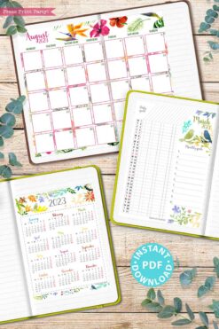press print party 2023 Calendar Printable Bundle, Watercolor design, Bullet Journal Inserts, Monthly Calendar, Daily Routine Tracker, INSTANT DOWNLOAD
