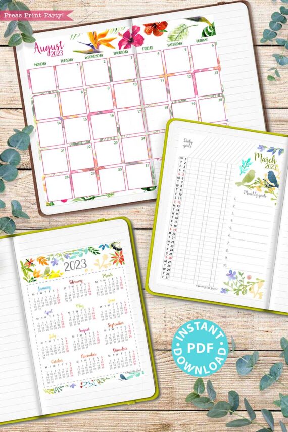 press print party 2023 Calendar Printable Bundle, Watercolor design, Bullet Journal Inserts, Monthly Calendar, Daily Routine Tracker, INSTANT DOWNLOAD