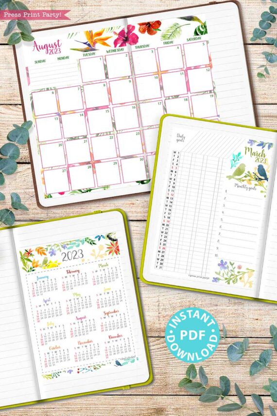 press print party 2023 Calendar Printable Bundle, Watercolor design, Bullet Journal Inserts, Monthly Calendar, Daily Routine Tracker, INSTANT DOWNLOAD