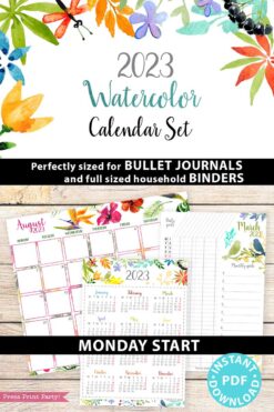press print party 2023 Calendar Printable Bundle, Watercolor design, Bullet Journal Inserts, Monthly Calendar, Daily Routine Tracker, INSTANT DOWNLOAD monday start