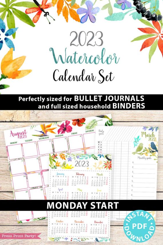 press print party 2023 Calendar Printable Bundle, Watercolor design, Bullet Journal Inserts, Monthly Calendar, Daily Routine Tracker, INSTANT DOWNLOAD monday start