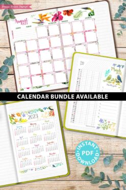 press print party 2023 Calendar Printable Bundle, Watercolor design, Bullet Journal Inserts, Monthly Calendar, Daily Routine Tracker, INSTANT DOWNLOAD