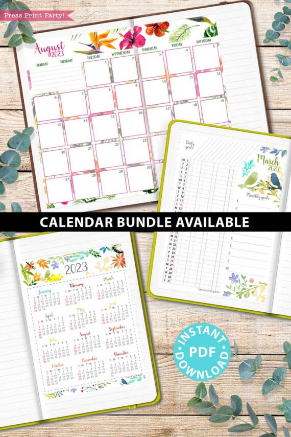 press print party 2023 Calendar Printable Bundle, Watercolor design, Bullet Journal Inserts, Monthly Calendar, Daily Routine Tracker, INSTANT DOWNLOAD