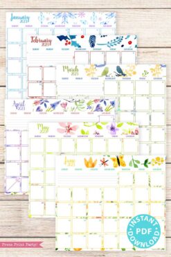 press print party 2023 Monthly Calendars Printable, Monthly Planner Template, Colorful Watercolor Designs, Bullet Journal, Sunday, INSTANT DOWNLOAD