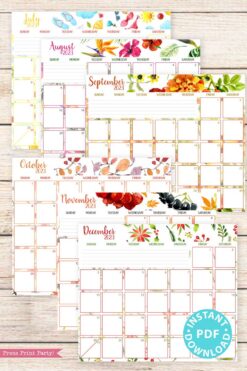 press print party 2023 Monthly Calendars Printable, Monthly Planner Template, Colorful Watercolor Designs, Bullet Journal, Sunday, INSTANT DOWNLOAD