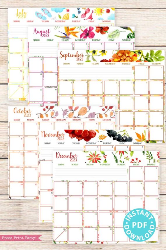 press print party 2023 Monthly Calendars Printable, Monthly Planner Template, Colorful Watercolor Designs, Bullet Journal, Sunday, INSTANT DOWNLOAD
