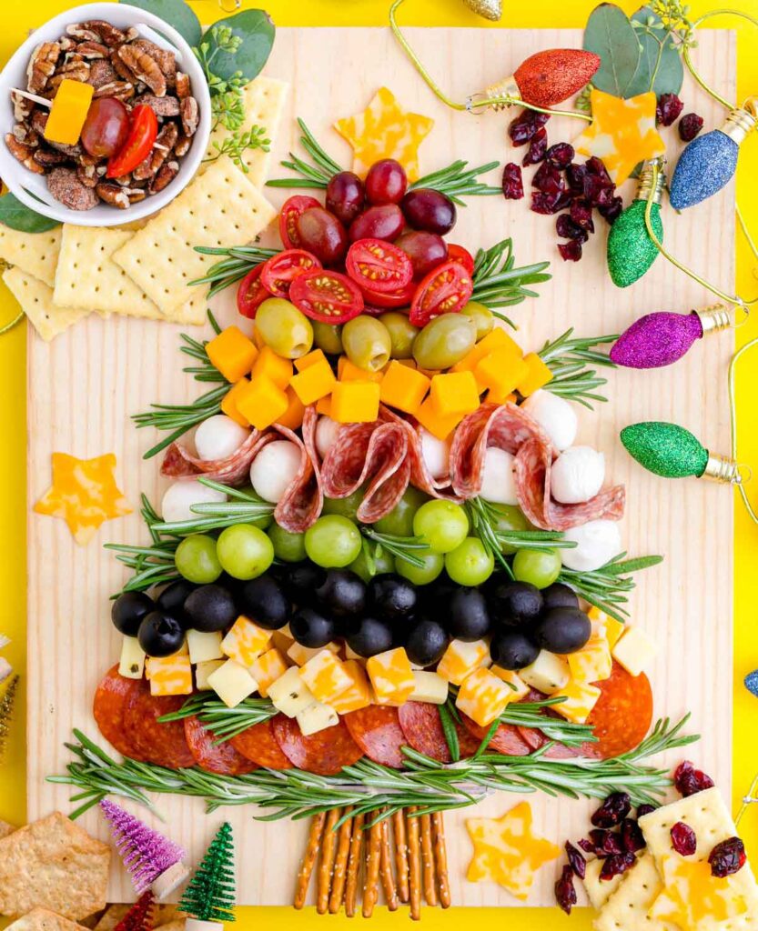 Christmas Tree Appetizers - Press Print Party - charcutery board with olives, cheese, meats
