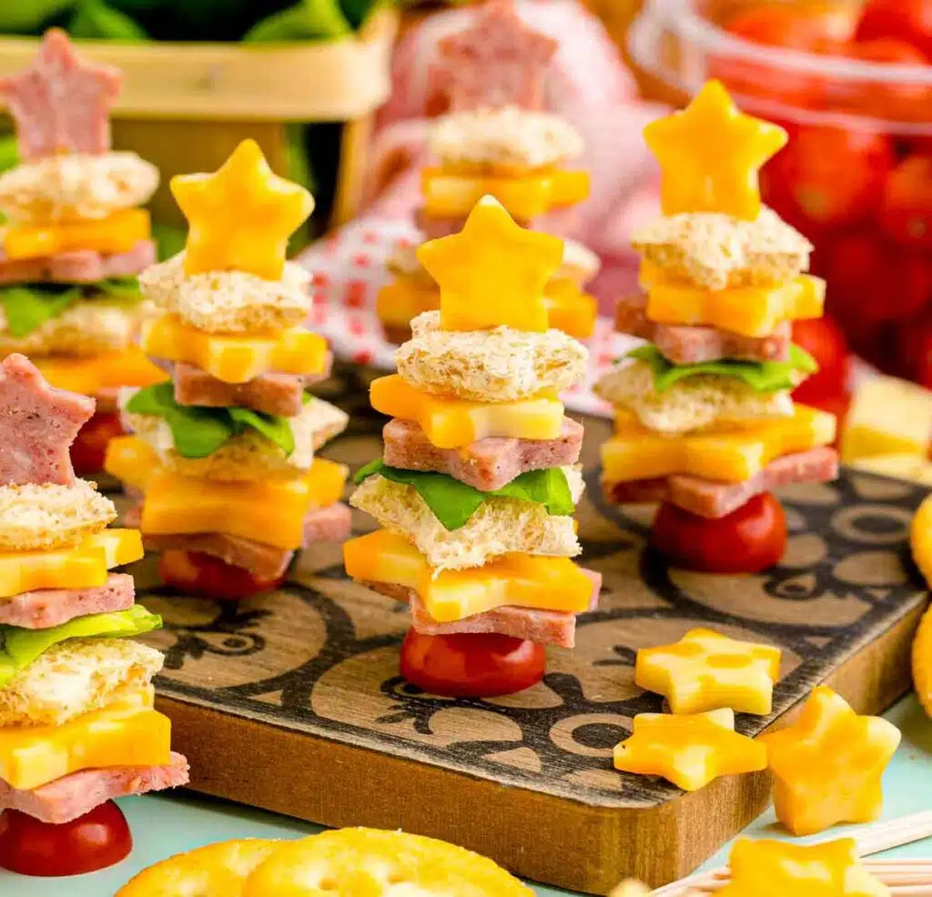 Christmas Tree Appetizers - Press Print Party - mini sandwiches stacked like christmas trees
