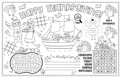 3 Thanksgiving Coloring Placemats Free Printable for kids activity tabloid size 11x17 Press Print Party