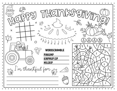 3 Thanksgiving Coloring Placemats Free Printable for kids activity letter size 85x11 Press Print Party