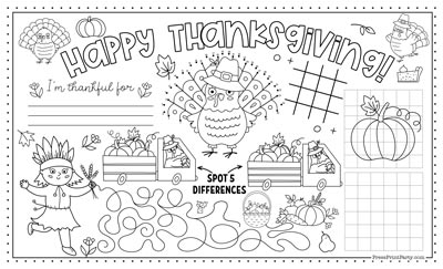 3 Thanksgiving Coloring Placemats Free Printable for kids activity legal size 85x14 Press Print Party