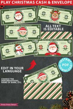 Play Christmas Money and Cash Envelope Printable, Christmas Money Envelope, Money Holder, Fake Money for Christmas, INSTANT DOWNLOAD press print party