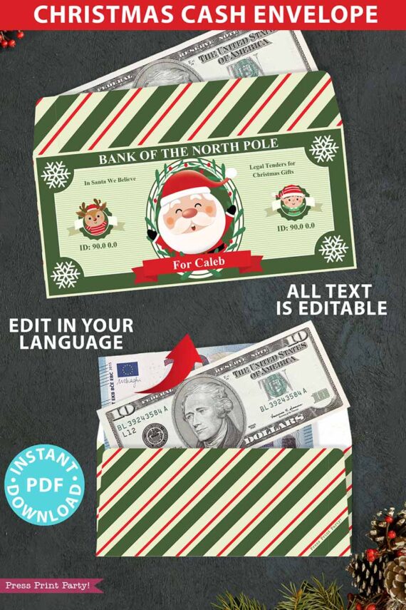 Play Christmas Money and Cash Envelope Printable, Christmas Money Envelope, Money Holder, Fake Money for Christmas, INSTANT DOWNLOAD press print party