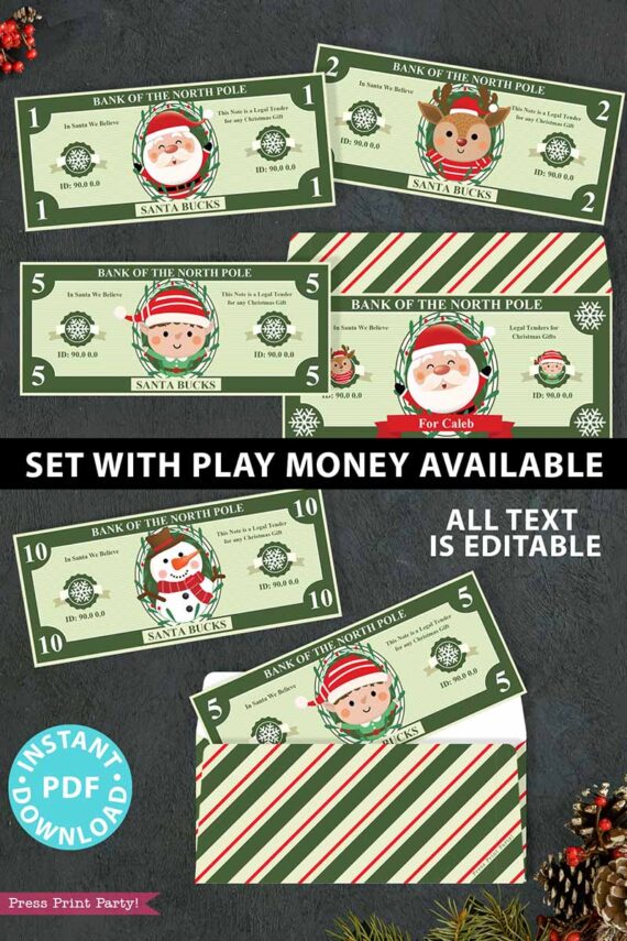 Play Christmas Money and Cash Envelope Printable, Christmas Money Envelope, Money Holder, Fake Money for Christmas, INSTANT DOWNLOAD press print party