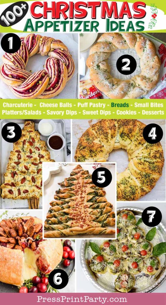 100 fun and easy Christmas appetizer ideas for a Christmas party. christmas appetizer ideas, impress your guests - bread, charcuterie, dips, salads, pastries, cheese balls, cookies, desserts - Press Print Party! - puff pastry christmas trees and wreaths
