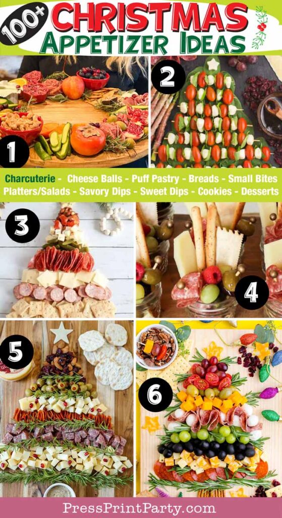 100 fun and easy Christmas appetizer ideas for a Christmas party. christmas appetizer ideas, impress your guests - bread, charcuterie, dips, salads, pastries, cheese balls, cookies, desserts - Press Print Party! christmas charcuterie boards