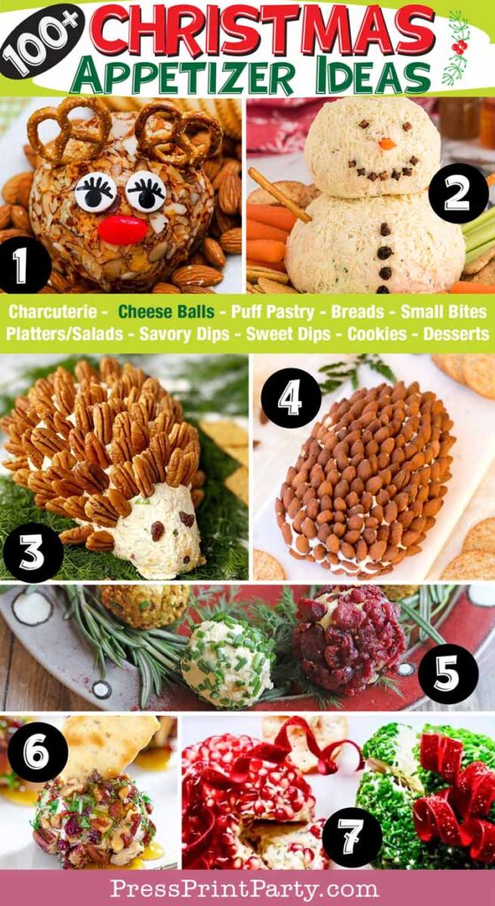 100 fun and easy Christmas appetizer ideas for a Christmas party. christmas appetizer ideas, impress your guests - bread, charcuterie, dips, salads, pastries, cheese balls, cookies, desserts - Press Print Party! Christmas cheese balls in fun shapes like snowman cheese ball and reindeer cheese ball.
