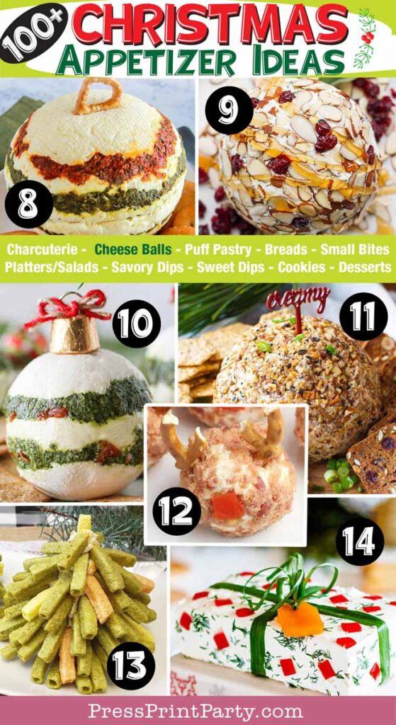 100 fun and easy Christmas appetizer ideas for a Christmas party. christmas appetizer ideas, impress your guests - bread, charcuterie, dips, salads, pastries, cheese balls, cookies, desserts - Press Print Party! christmas cheese balls in ornament shape.