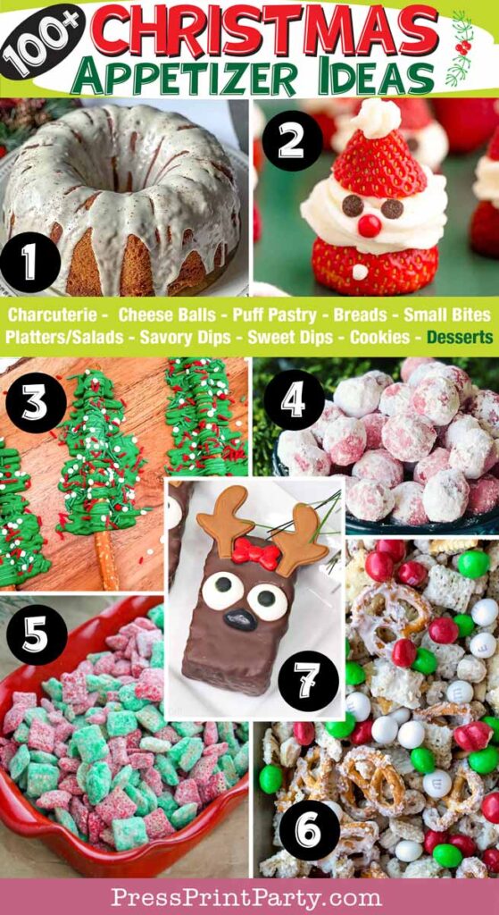 100 fun and easy Christmas appetizer ideas for a Christmas party. christmas appetizer ideas, impress your guests - bread, charcuterie, dips, salads, pastries, cheese balls, cookies, desserts - Press Print Party! christmas desserts santa, reindeer