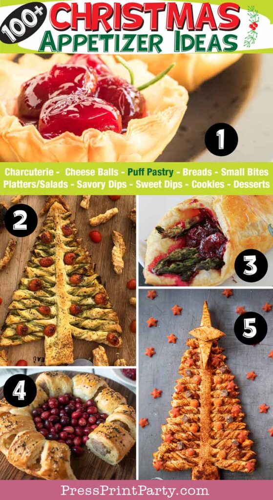 100 fun and easy Christmas appetizer ideas for a Christmas party. christmas appetizer ideas, impress your guests - bread, charcuterie, dips, salads, pastries, cheese balls, cookies, desserts - Press Print Party! puff pastry trees