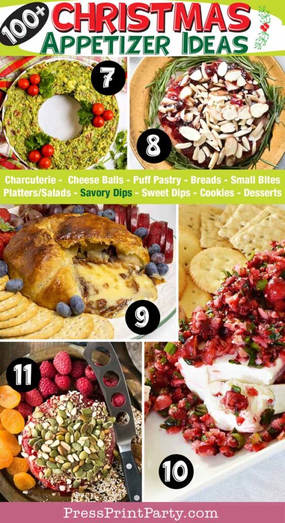 100 fun and easy Christmas appetizer ideas for a Christmas party. christmas appetizer ideas, impress your guests - bread, charcuterie, dips, salads, pastries, cheese balls, cookies, desserts - Press Print Party! savory dips and bread bowls