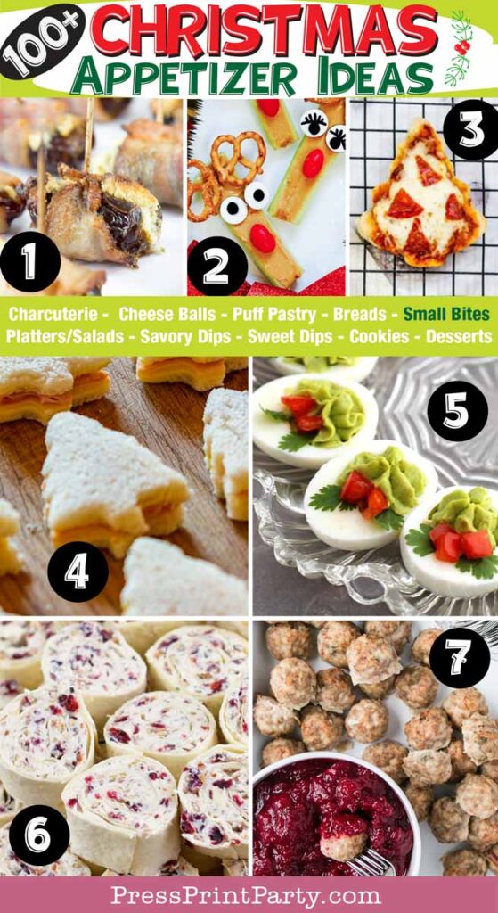 100 fun and easy Christmas appetizer ideas for a Christmas party. christmas appetizer ideas, impress your guests - bread, charcuterie, dips, salads, pastries, cheese balls, cookies, desserts - Press Print Party! small bites like a christmas tree shaped sandwich deviled eggs, bacon wrapped figs, meat balls.