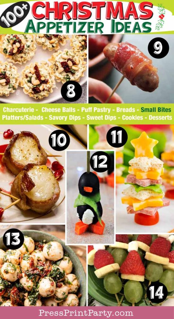 100 fun and easy Christmas appetizer ideas for a Christmas party. christmas appetizer ideas, impress your guests - bread, charcuterie, dips, salads, pastries, cheese balls, cookies, desserts - Press Print Party! small bites for christmas platter like penguin olives, christmas tree sandwich and bacon wrapped scallops