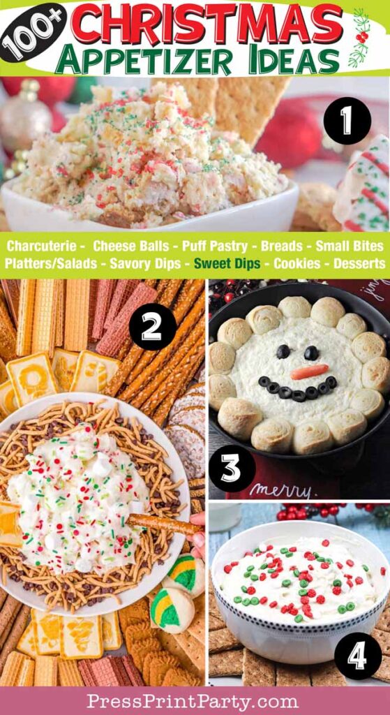 100 fun and easy Christmas appetizer ideas for a Christmas party. christmas appetizer ideas, impress your guests - bread, charcuterie, dips, salads, pastries, cheese balls, cookies, desserts - Press Print Party! sweet dips for christmas buffet