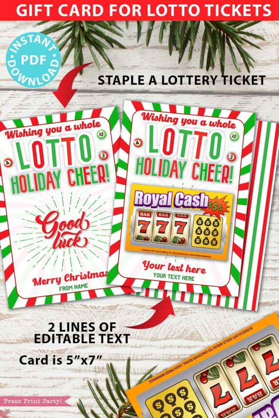 Christmas Lottery Ticket Holder, Wishing You a whole Lotto Holiday Cheer gift Card Printable, 2 lines Editable text, Bingo, INSTANT DOWNLOAD Press print Party