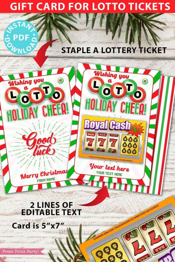 Christmas Lottery Ticket Holder, Wishing You a Lotto Holiday Cheer gift Card Printable, 2 lines Editable text, Bingo, INSTANT DOWNLOAD Press print party