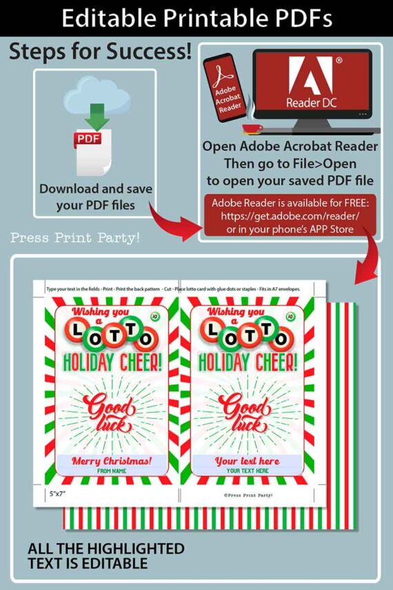 Christmas Lottery Ticket Holder, Wishing You a Lotto Holiday Cheer gift Card Printable, 2 lines Editable text, Bingo, INSTANT DOWNLOAD Press print party