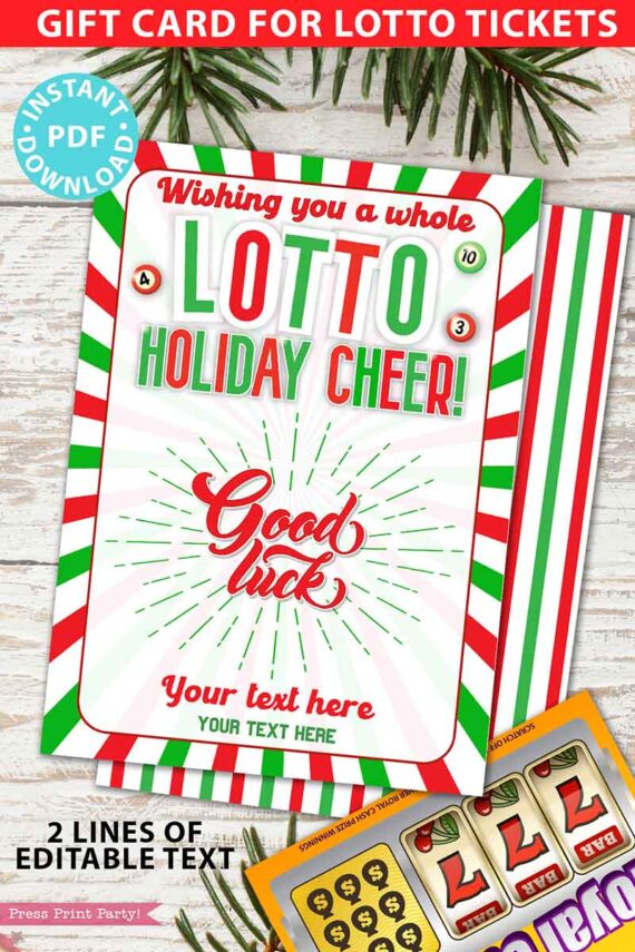 Christmas Lottery Ticket Holder, Wishing You a whole Lotto Holiday Cheer gift Card Printable, 2 lines Editable text, Bingo, INSTANT DOWNLOAD Press print Party