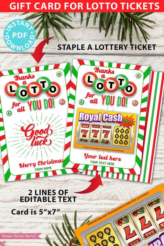 Christmas Lottery Ticket Holder Printable Card, Thanks a Lotto for all you do gift, 2 lines Editable text, Bingo, INSTANT DOWNLOAD Press print Party