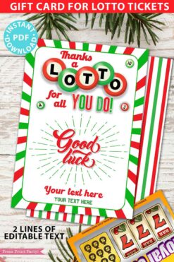 Christmas Lottery Ticket Holder Printable Card, Thanks a Lotto for all you do gift, 2 lines Editable text, Bingo, INSTANT DOWNLOAD Press print Party