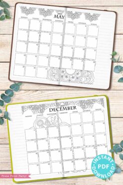 2023 Monday Start Monthly Calendars Printable, Monthly Planner Template, mandala coloring Designs, Bullet Journal, Sunday, INSTANT DOWNLOAD