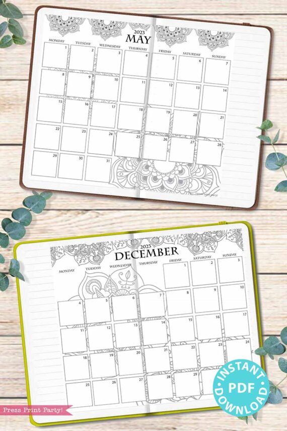 2023 Monday Start Monthly Calendars Printable, Monthly Planner Template, mandala coloring Designs, Bullet Journal, Sunday, INSTANT DOWNLOAD