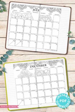 2023 Monthly Calendars Printable, Monthly Planner Template, mandala coloring Designs, Bullet Journal, Sunday, INSTANT DOWNLOAD