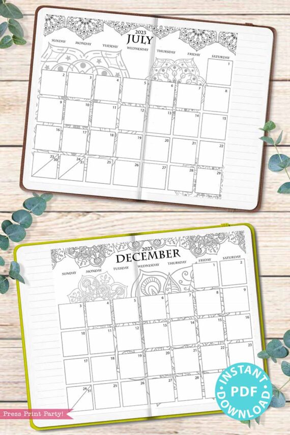 2023 Monthly Calendars Printable, Monthly Planner Template, mandala coloring Designs, Bullet Journal, Sunday, INSTANT DOWNLOAD