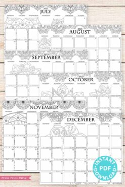 2023 Monday Start Monthly Calendars Printable, Monthly Planner Template, mandala coloring Designs, Bullet Journal, Sunday, INSTANT DOWNLOAD