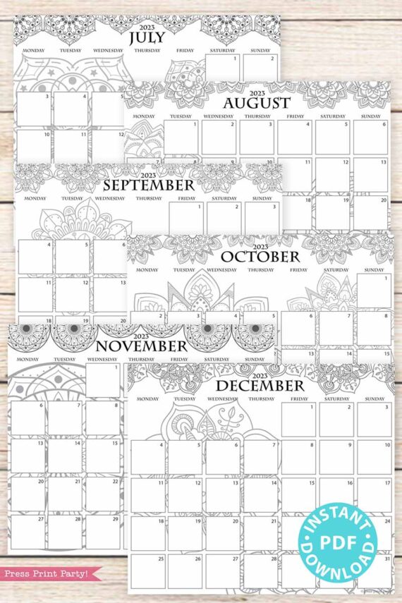 2023 Monday Start Monthly Calendars Printable, Monthly Planner Template, mandala coloring Designs, Bullet Journal, Sunday, INSTANT DOWNLOAD